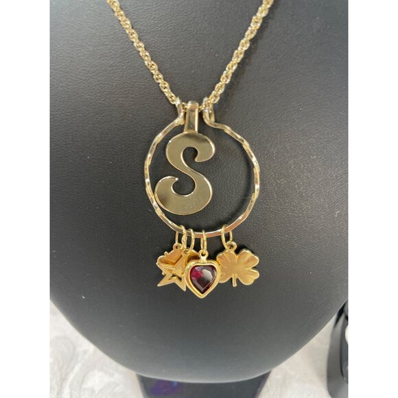 Personalized Initial 'S' Gold Necklace With Charms - Star Heart & Clover Accents - Picture 4 of 6